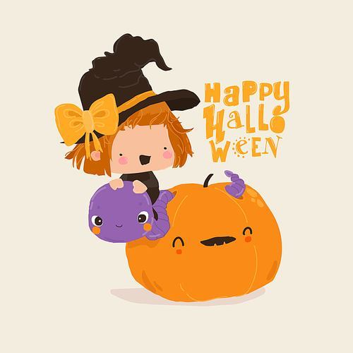 Cute Halloween Witch sitting on Big Worm in Pumpkin. Vector Illustration