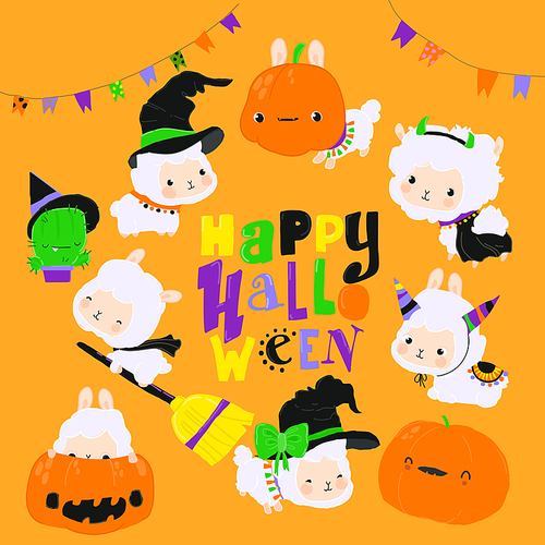 Happy Halloween Childish Vector Collection with Cute LLama Alpaca