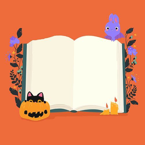 Vector Cartoon Halloween Illustration with Big Book, Pumpkin, Black Cat and Bat