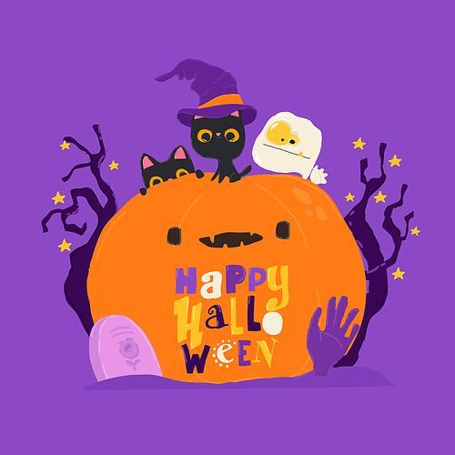 Vector Cartoon Halloween Illustration with Pumpkin and Black Cats