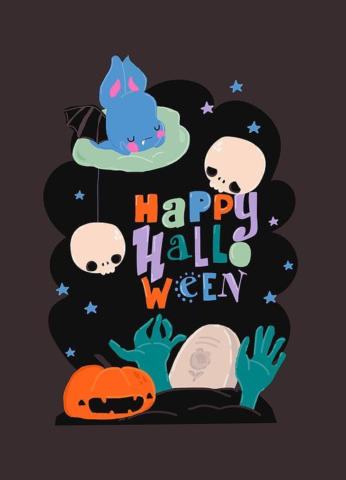 Vector Cartoon Halloween Illustration with Pumpkin, Sculls and Bat