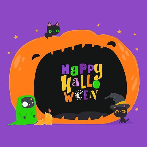 Vector Cartoon Halloween Illustration with Big Pumpkin and Black Cats