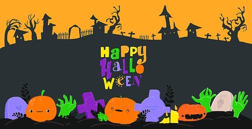 Vector Cartoon Halloween Banner with Pumpkin, Zombies and Graves