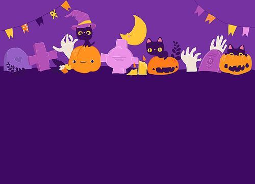 Vector Cartoon Halloween Banner with Pumpkin, Zombies, Cats and Graves