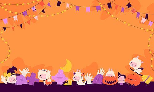 Vector Banner with Cute LLama Alpaca wearing Halloween Costumes, Pumpkins, Zombie Hands and Grave