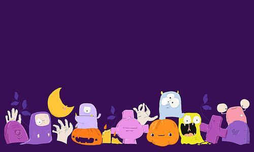 Vector Cartoon Halloween Banner with Cute Monsters,Pumpkin, Zombies Hands and Graves