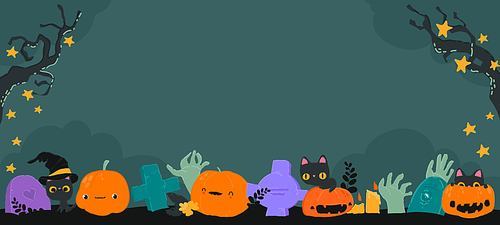 Vector Cartoon Halloween Banner with Pumpkin, Zombies, Cats and Graves