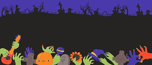 Vector Cartoon Halloween Banner with Zombie Hands coming out of the Ground