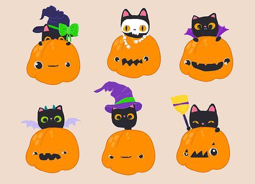 Vector Cartoon Set with Funny Cats wearing Halloween Costumes and sitting in Pumpkins