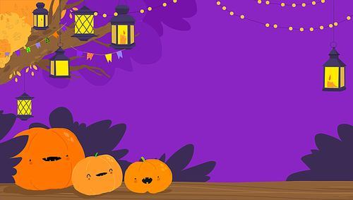 Vector Cartoon Halloween Banner with Pumpkin and Lanterns