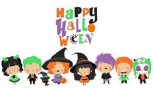 Set of Cute Cartoon Children in Colorful Halloween Costumes. Vector Illustration