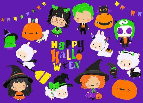 Vector Childish Collection with Cute Halloween Elements and Kids