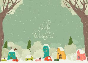 Cute Cartoon Colorful Houses with Winter Trees. Vector Illustration