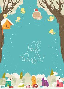 Cute Cartoon Frame with Colorful Houses with Winter Trees. Vector Illustration