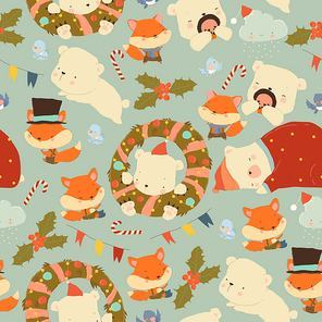 Vector Seamless Pattern with Cute Cartoon Polar Bears, Foxes and Christmas Elements