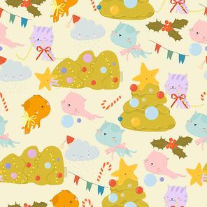 Vector Seamless Pattern with Cats dropped the Christmas Tree