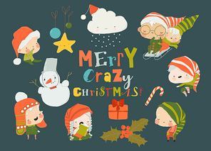 Set of Cute Playful Christmas Elves. Collection of Cute Santa Claus Helpers. Happy New Year, Merry Xmas Design Element. Vector Illustration