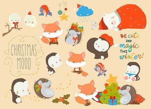 Vector Cartoon Set of Funny Animals with Christmas Elements