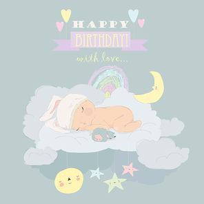 Vector Illustration of Cartoon Baby sleeping on a Cloud