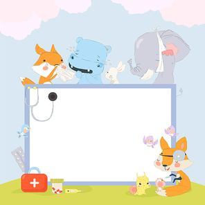 Cartoon Frame with Cute Patients Animals, Sick Characters. Vector Illustration