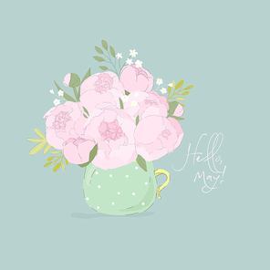 Spring Bouquet with Pink Peonies on Blue Background. Vector Illustration