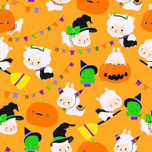 Vector Seamless Pattern with Happy Cute LLama Alpaca and Halloween Elements