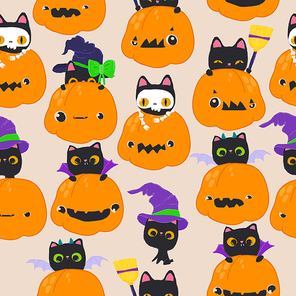 Vector Seamless Pattern with Funny Cats wearing Halloween Costumes and sitting in Pumpkins