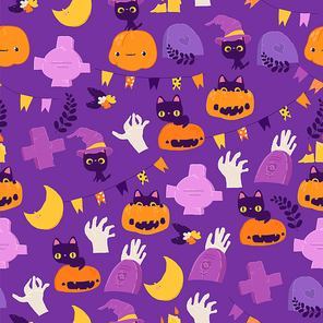 Vector Seamless Pattern with Cartoon Halloween Pumpkin, Zombies, Cats and Graves