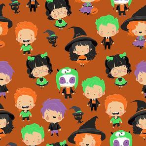 Vector Seamless Pattern with Cute Children in Colorful Halloween Costumes