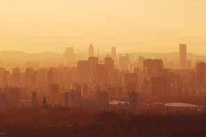 황색톤으로  물든 안개가 자욱한 서울의 우울한 느낌, 도시문명에 찌든 황폐하고 퇴색한 거대도시 이미지