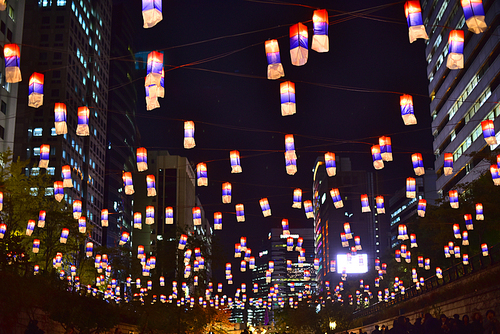 매년 년말이면 볼수있는 청계천의 빛초롱 축제장에 수많은 한국적인 청사초롱이 등불들이 공중에 매달려 축제 분위기를 띄우고있다.