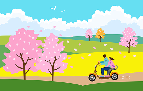 봄날의 벚꽃핀 들녘길을 달리는 젋은 커플