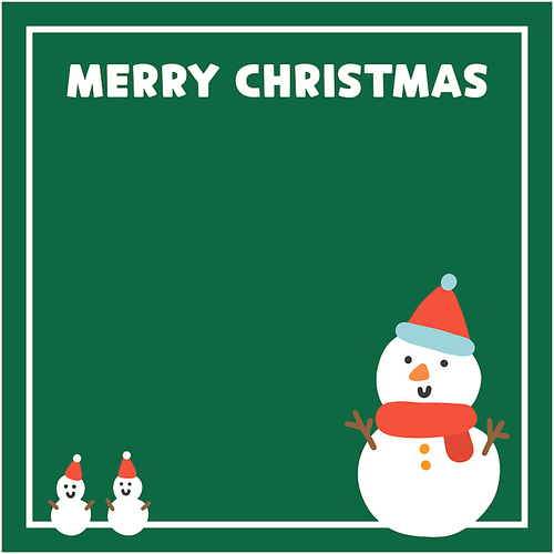 메리 크리스마스 겨울 빨간 모자 목도리 눈사람 일러스트 손그림 정사각형 프레임 초록색 배경 디자인 템플릿