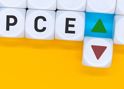 pce, personal consumption expenditure symbol. Wooden blocks with words
