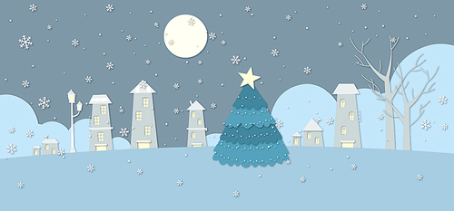 큰 크리스마스트리가 있는 눈 오는 겨울밤 마을풍경일러스트.