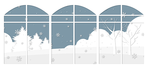창밖으로 보이는 눈 덮인 새하얀 겨울밤풍경일러스트.