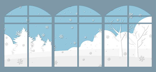 창밖으로 보이는 눈 오는 새하얀 겨울풍경일러스트.