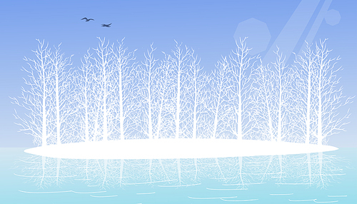 겨울 풍경, 바다 위에 작은 섬과 나무 위로 날아가는 철새 일러스트