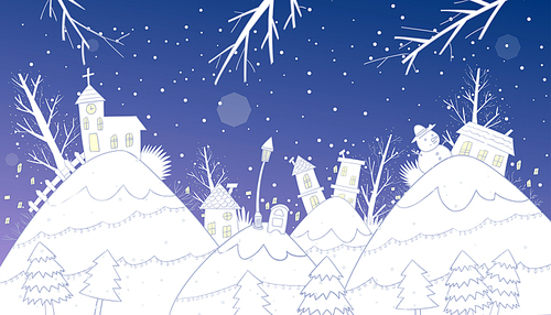 아기자기한 동산과 마을에 눈이 내리는 겨울밤풍경 일러스트
