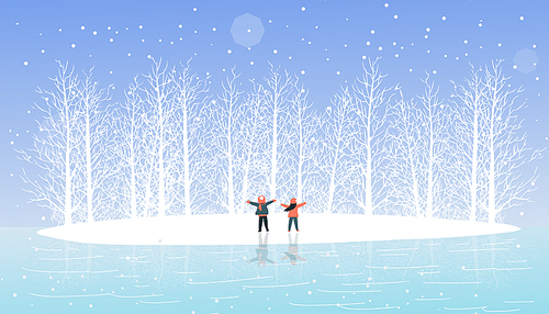 겨울 풍경, 바다 위에 작은 섬, 나무를 보며 서 있는 남자와 여자 일러스트