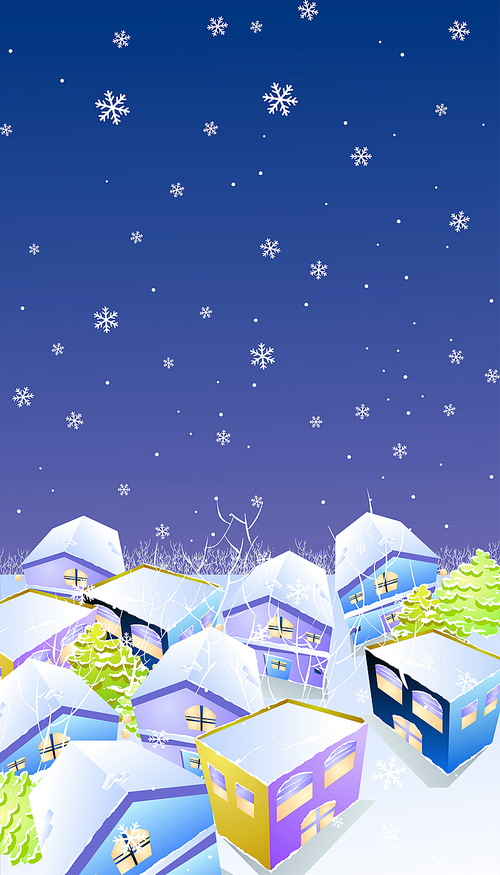 위에서 바라본 작은 마을, 밤하늘에 눈이 오는 겨울 풍경 삽화