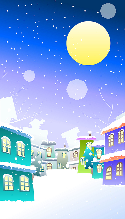 보름달이 떠 있는 아기자기한 마을에 눈이 내리는 겨울밤풍경