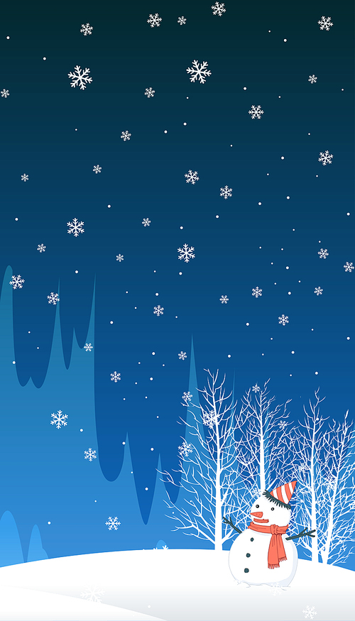 눈 내리는 겨울 밤하늘 아래 눈사람과 겨울나무 풍경 삽화