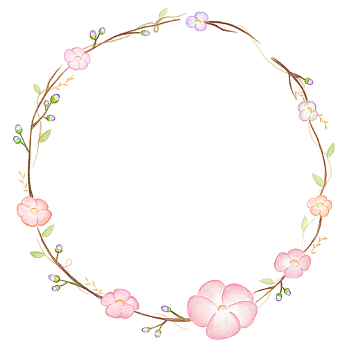 분홍색 꽃과 나뭇가지로 만든 동그란 리스