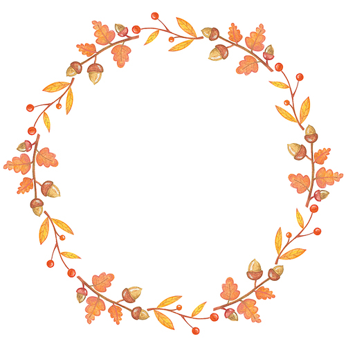 가을 프레임 일러스트-도토리와 나뭇잎, 빨간 열매
