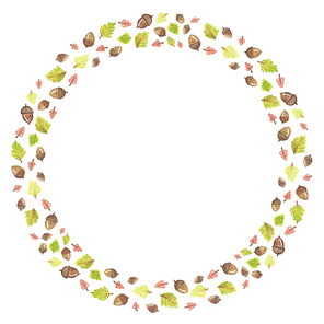 도토리와 나뭇잎으로 만든 둥근 가을 테두리