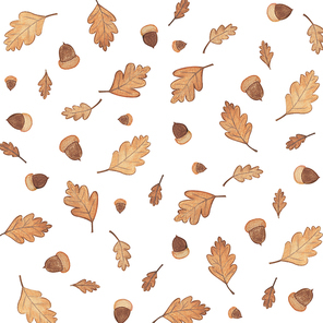 가을 일러스트 - 갈색 나뭇잎과 도토리 패턴
