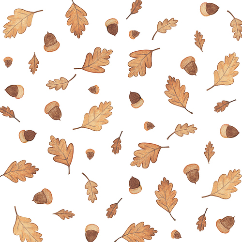 가을 일러스트 - 갈색 나뭇잎과 도토리 패턴