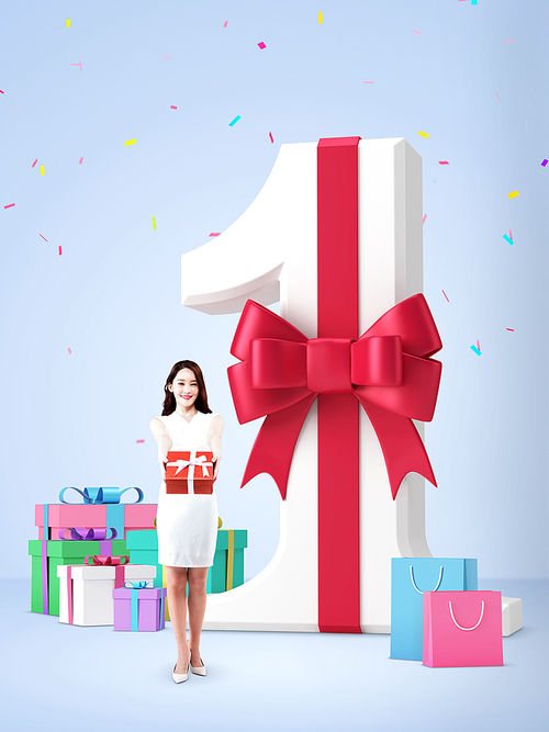 쇼핑을 상징하는 선물상자와 쇼핑백 오브젝트들과 선물상자를 들고 있는 여성 이미지 그래픽 합성