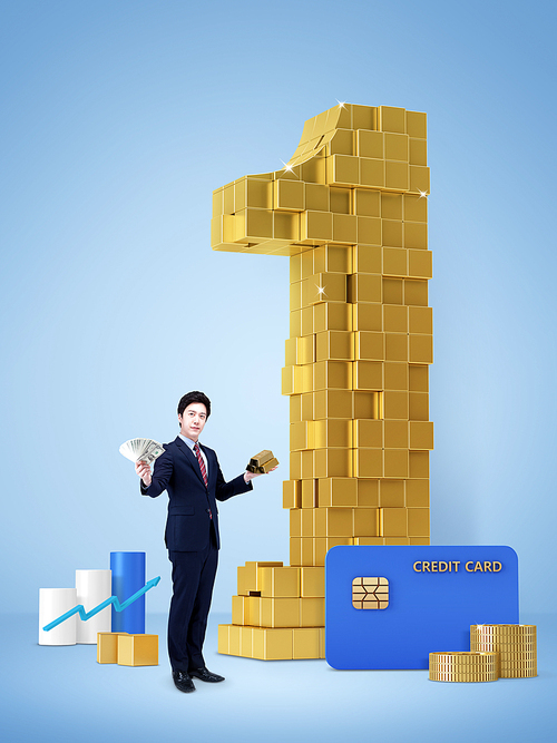 화폐와 금으로 구성된 금융을 상징하는 오브젝트와 신용카드 지폐와 금을 들고 있는 비즈니스 남성 이미지 그래픽 합성